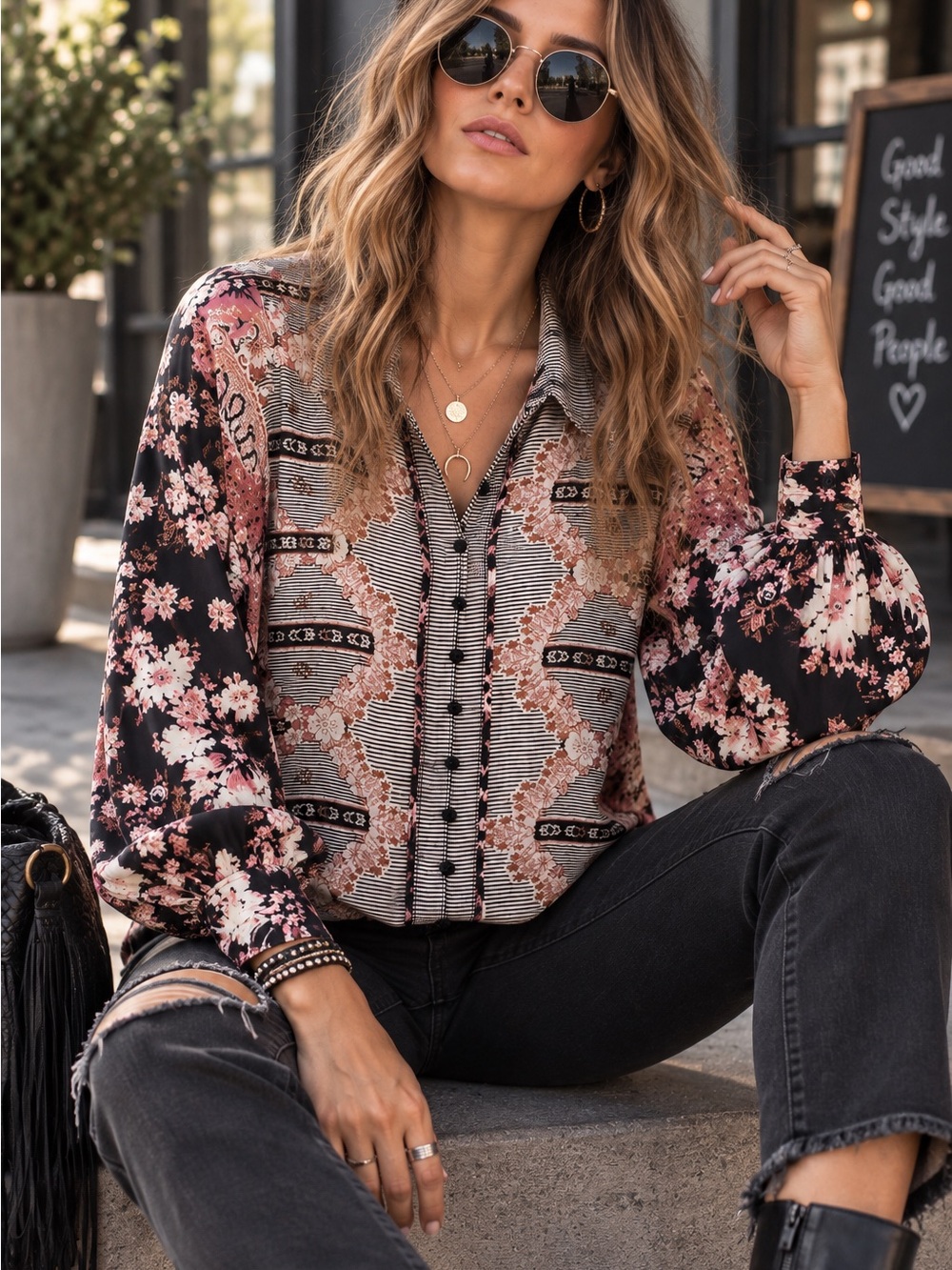 Free People Boho Black Pink Brown Floral High-Low Blouse Top Small Viscose